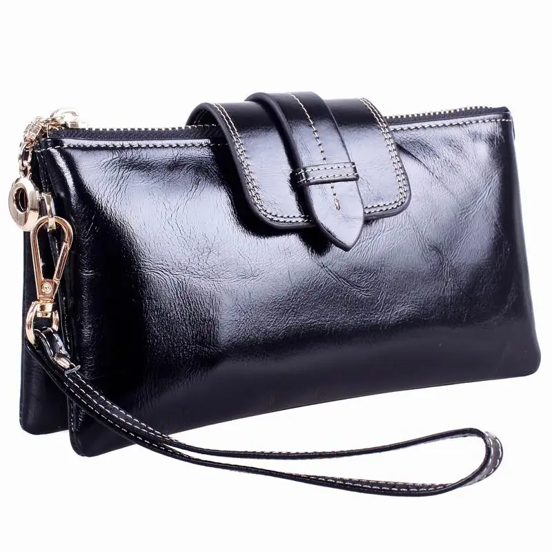 black Кошельки из натуральной кожи для женщин, клатч, кошелек для женщин, кожа, масло, воск, кожаные сумки, дизайнерский бренд, клатч с цепочкой 2069 - Цвет: black