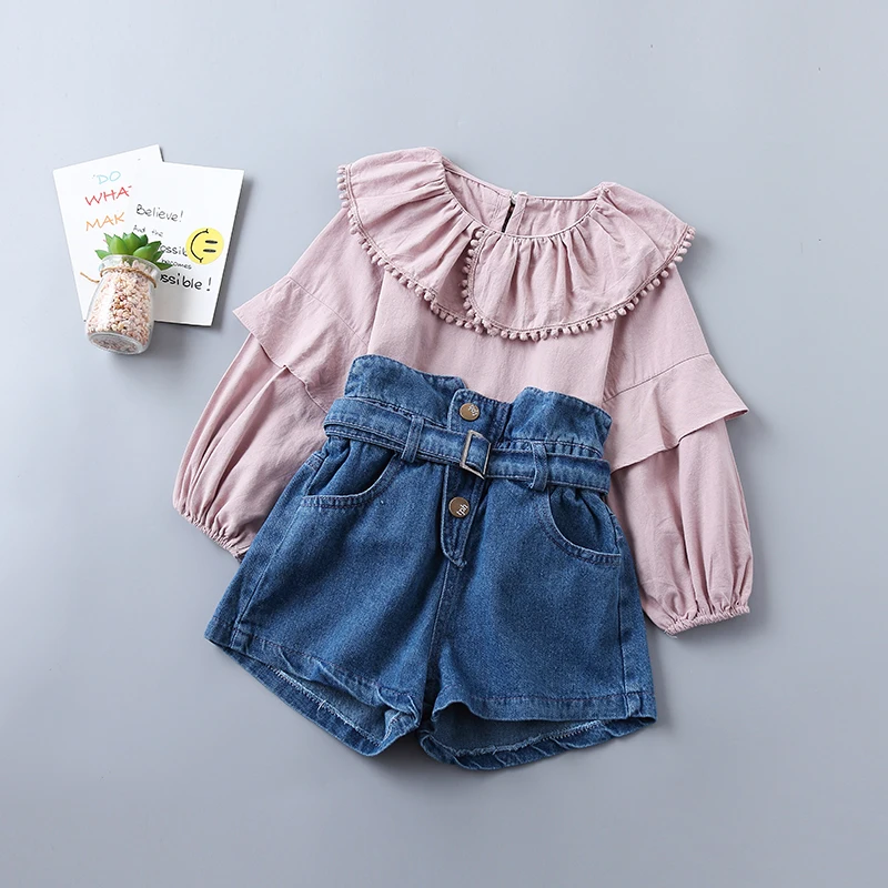 

0-6 years high quality girl clothing set 2020 new spring fashion tiered ruched solid shirt + denim pant kid children clothing