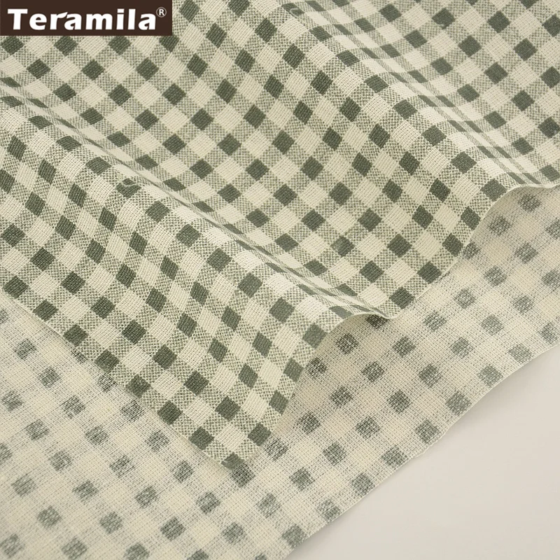 Светло зеленый проверяет 100% хлопок лен Ткань Материал ткань для сумки Подушка