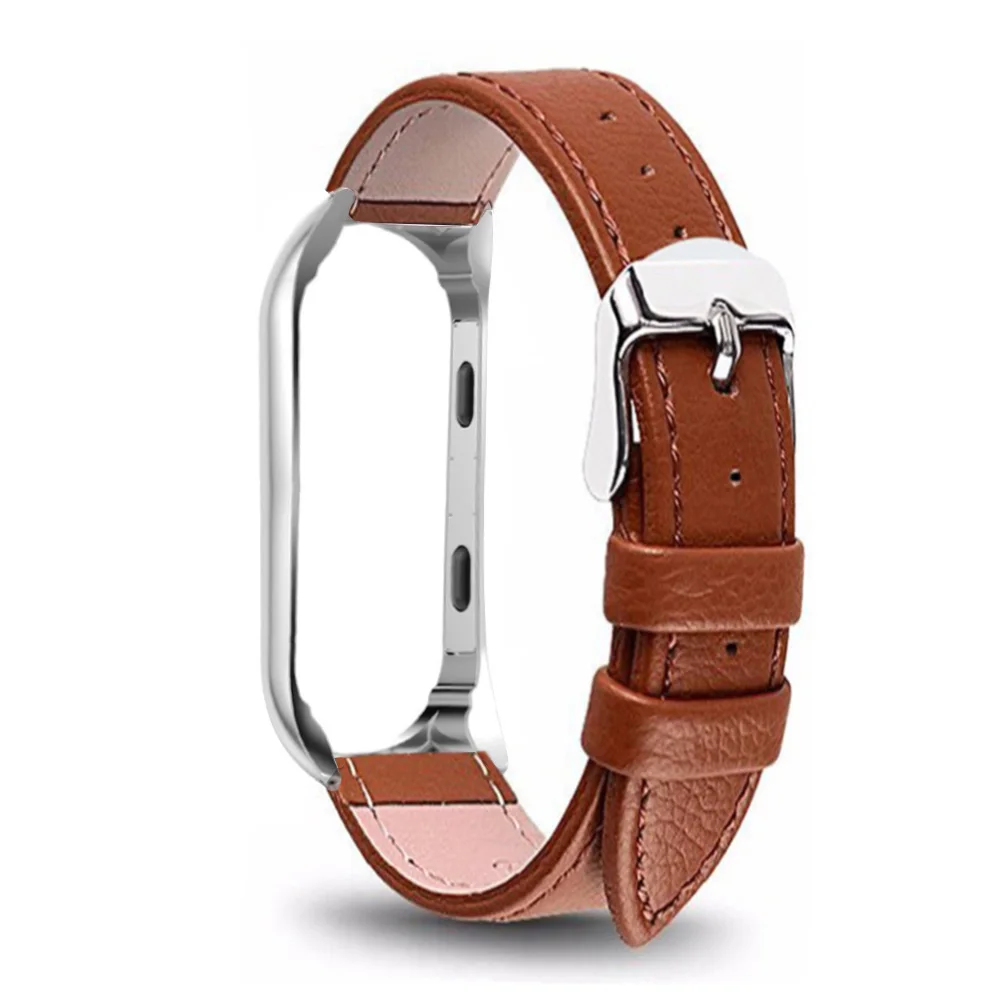silver-light brown Mi Band 3 4 Металлический ремешок без винтов из нержавеющей стали для Xiaomi Mi Band 4 3 Кожаный ремешок Miband 4 3 Браслеты Pulseira pu - Цвет: silver-light brown