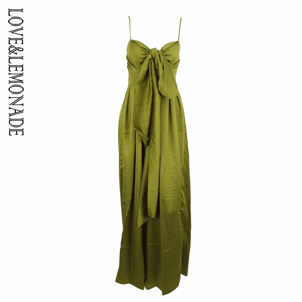 Женский свободный комбинезон LOVE & LEMONADE зеленый на бретелях с бантом модель