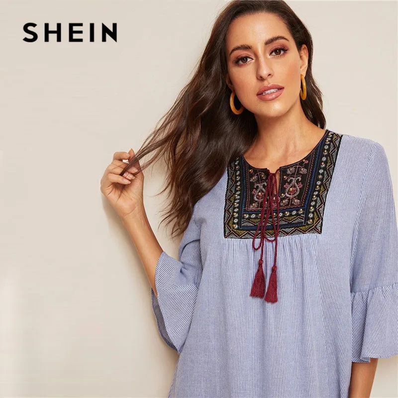 SHEIN летнее платье в полоску с бахромой и рукавами-воланами, Boho, с заниженной талией, свободное женское платье, с круглым вырезом, с вышивкой, макси платья