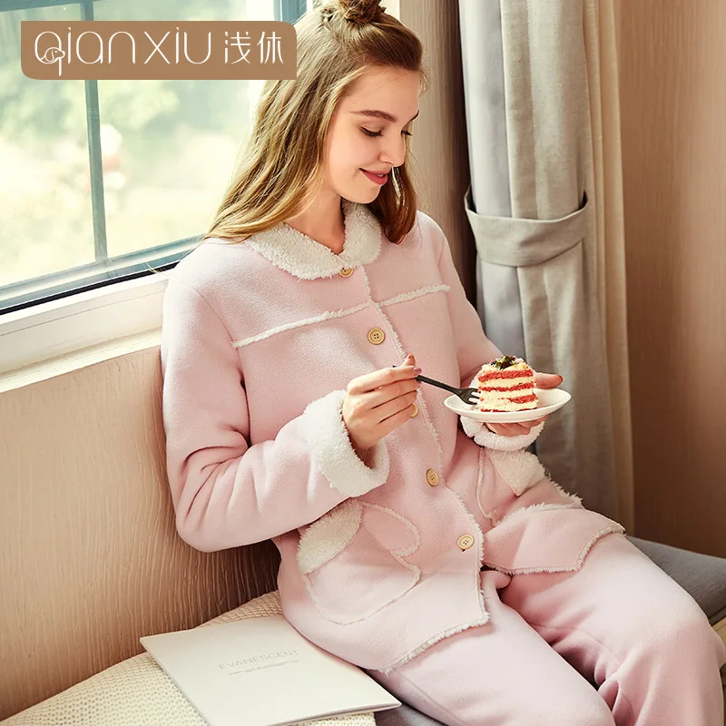 Пижамный комплект женский зимний фланелевый утепленная теплая Пижама с отложным