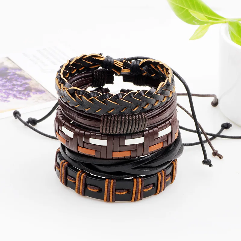 5pcs/set hippie punk black brown orange braiding leather band cord wrap multi layers bracelets bangles set for man | Украшения и