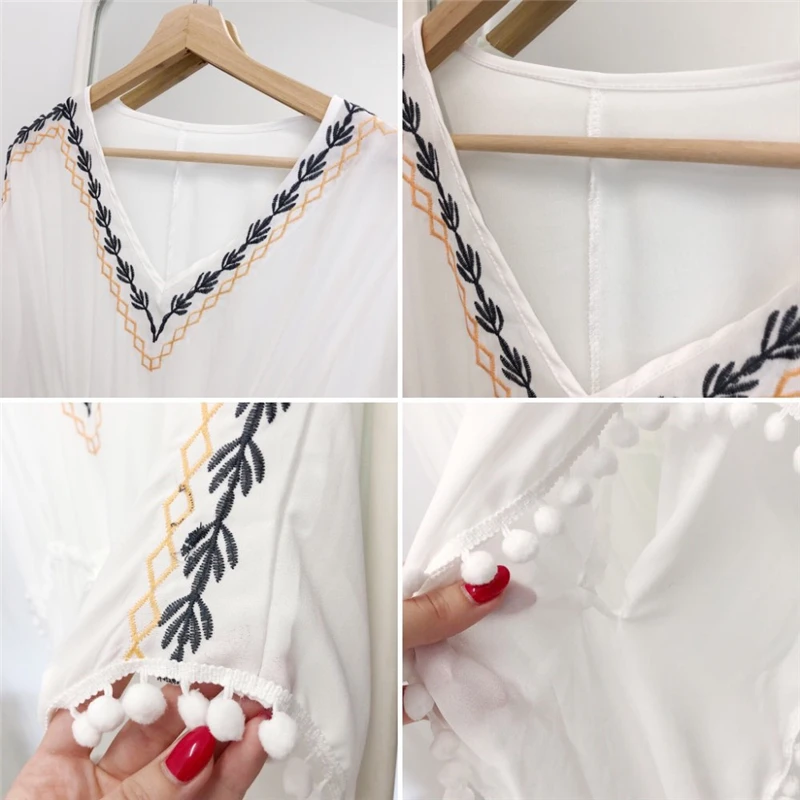 2019 Boho пляжный закрытый купальник женский белый v-образный вырез рукав летучая