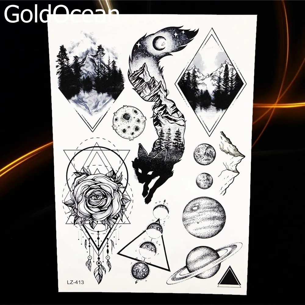 GoldOcean новые черные эскизы лиса искусственная татуировка живопись временная для