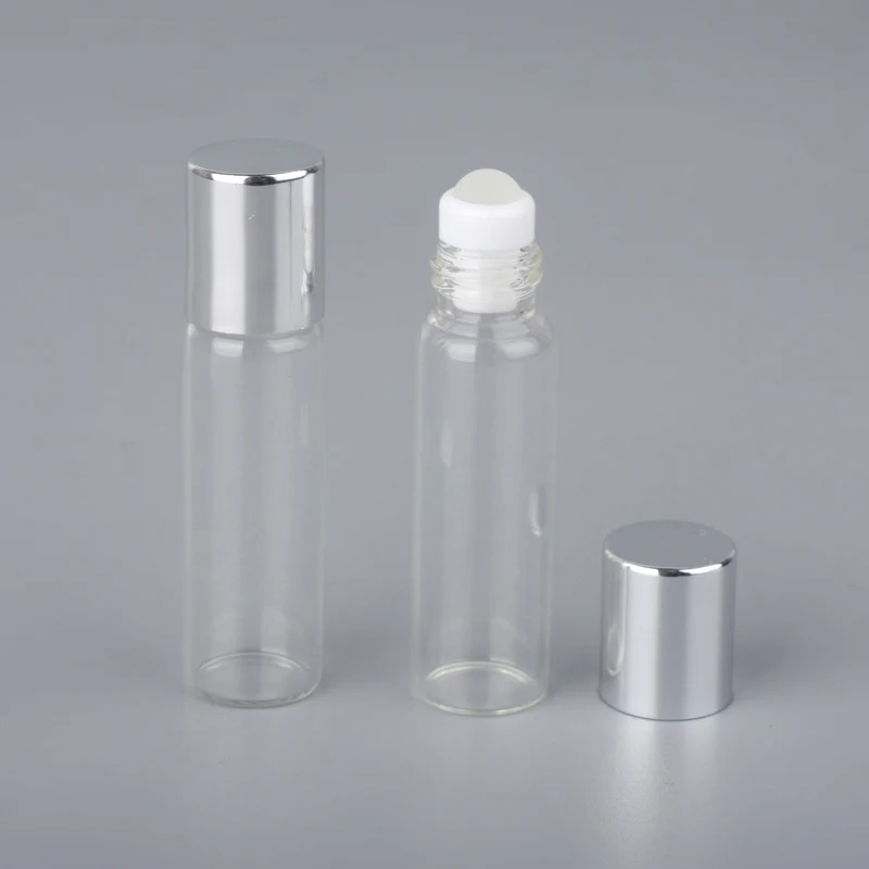 silver 100 шт./лот Мини стеклянные флаконы для духов с рулоном пустые косметические эфирные масла для путешествий со стеклянными стальными шариковыми роликами - Цвет: silver