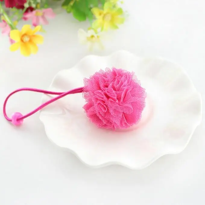 100pcs/lot Cute Hot PInk Children Pig tail  Ribbon Flower Cabbage Ponytail Hair Holder