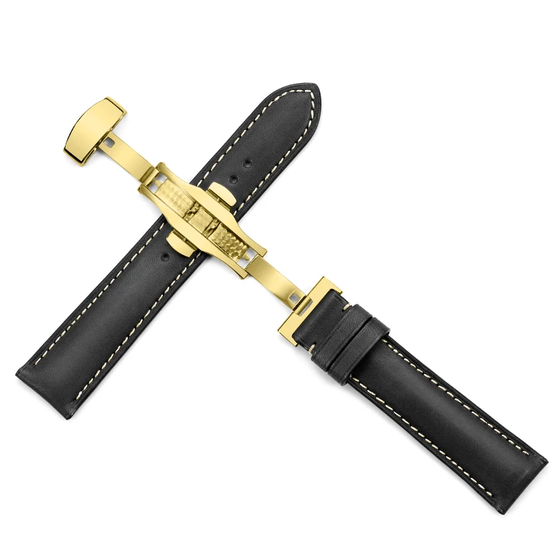 black with tan IStrap, 18 мм, 19 мм, 20 мм, 21 мм, 22 мм, ремешки для часов, Франция, телячья кожа, ремешки для часов с пряжкой в виде бабочки из желтого золота для Omega IWC - Цвет ремешка: black with tan