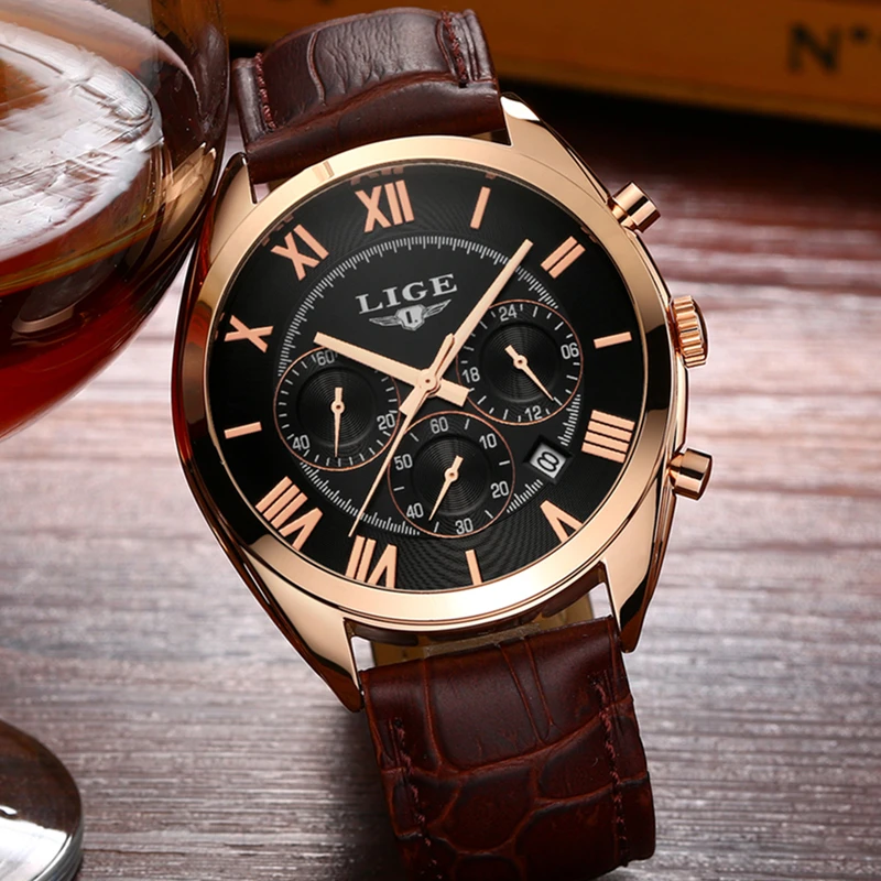 Часы наручные LIGE Мужские кварцевые брендовые водонепроницаемые Модные