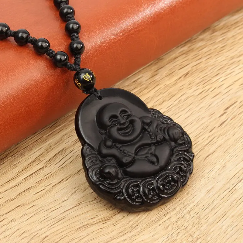 KiWarm модный натуральный обсидиан ручной резной Smile Maitreya кулон Будды с бесплатными