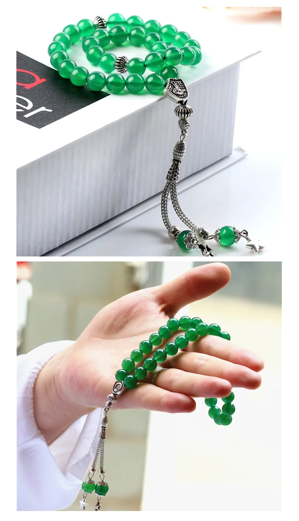 LOSHEREN натуральный зеленый агат камень Tesbih молитвенные бусины 33 четки Tasbih мусульманский автомобиль-офис Висячие Masbaha Sibaha Subha