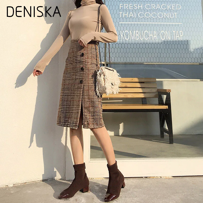 Дениска 2018 для женщин Шерсть юбки Высокая талия линия плед шерстяная юбка Леди