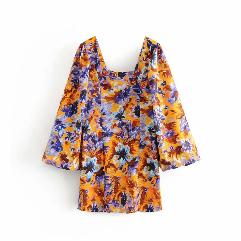 Женское брезентовое платье с цветочным принтом юбка квадратным вырезом лето 2019 |