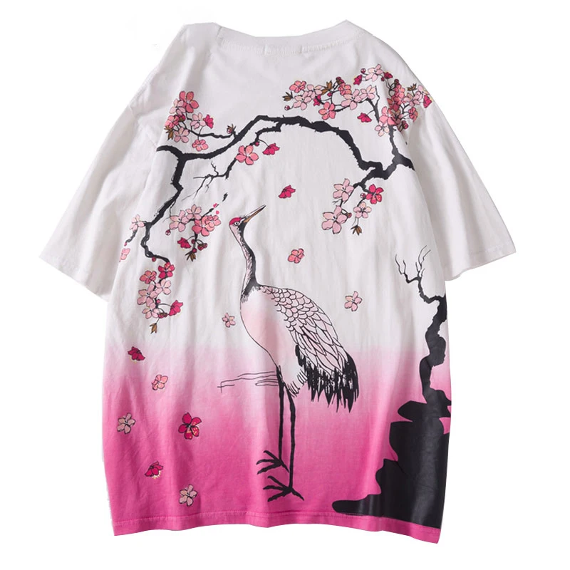 Кимоно Haori китайский стиль журавль вишневый цвет цветочный принт футболки летние
