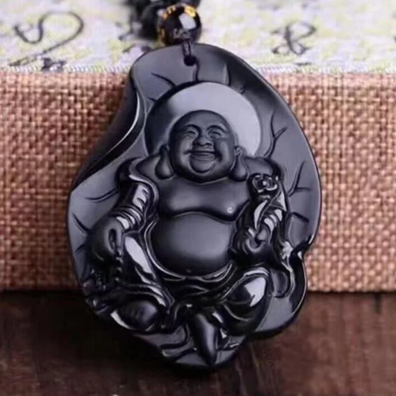 

High Quality Unique Natural Black Obsidian Carved buddha Lucky Amulet Pendant Necklace For Women Men pendants Jewelry