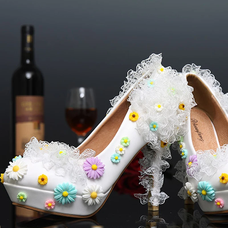 Туфли лодочки свадебные на высоком каблуке 12 см с кружевными цветами|flower bridal