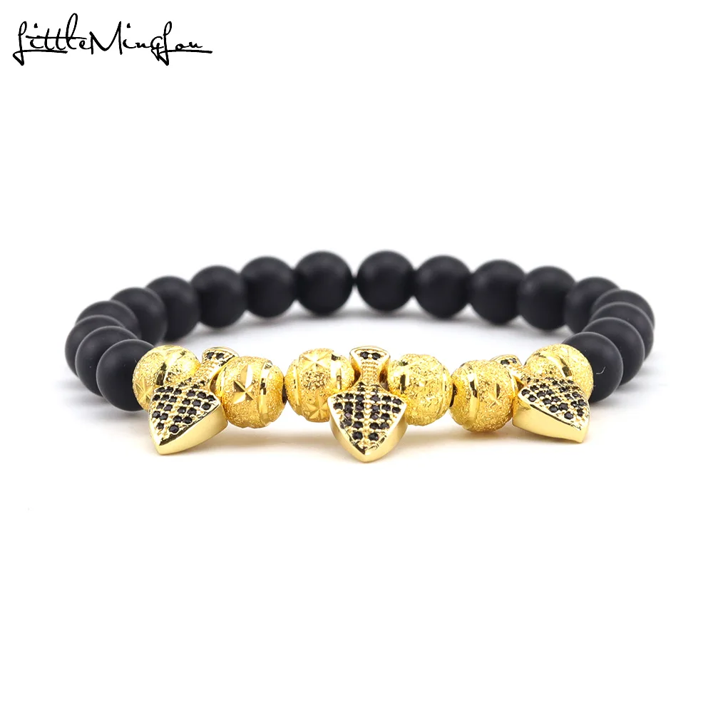 

Luxury Micro Pave black CZ Punk Rock Spikes Rivet charm men bracelet natural stone Beads men Bracelets & Bangles for men jewelry