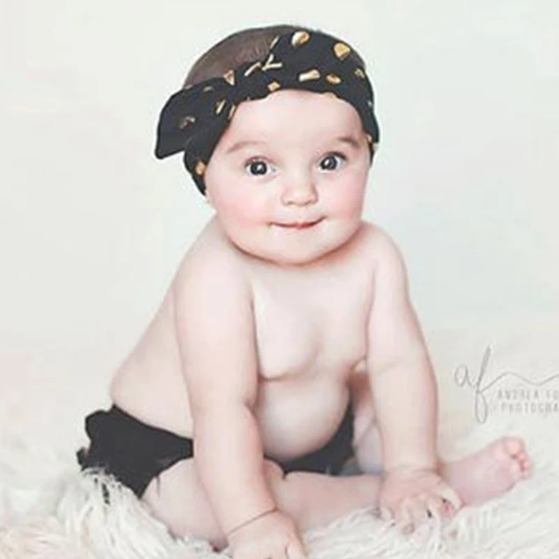 Повязка на голову в горошек для девочек теплая хлопковая ткань с бантом