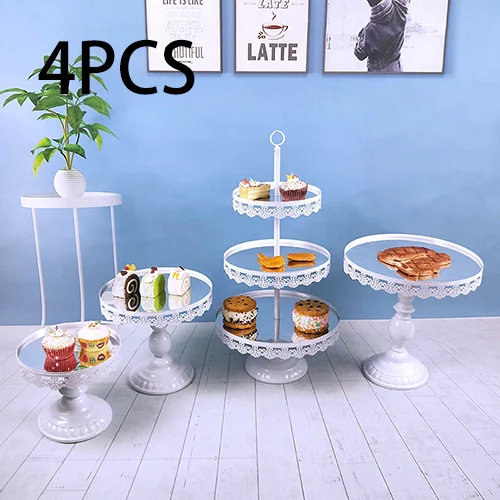4pcs White Tobs 7 шт./компл. свадебный торт стенд Набор для вечерние украшения с кружевным краем серебро зеркало торт инструменты печенье платформа отображения - Цвет: 4pcs White