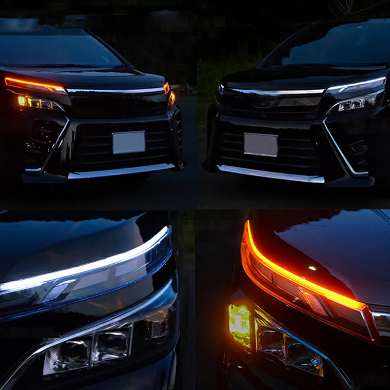 2X ультратонкие автомобильные DRL светодиодный дневные ходовые огни Гибкие для вождения белый указатель поворота желтая направляющая полоса для сборки фар