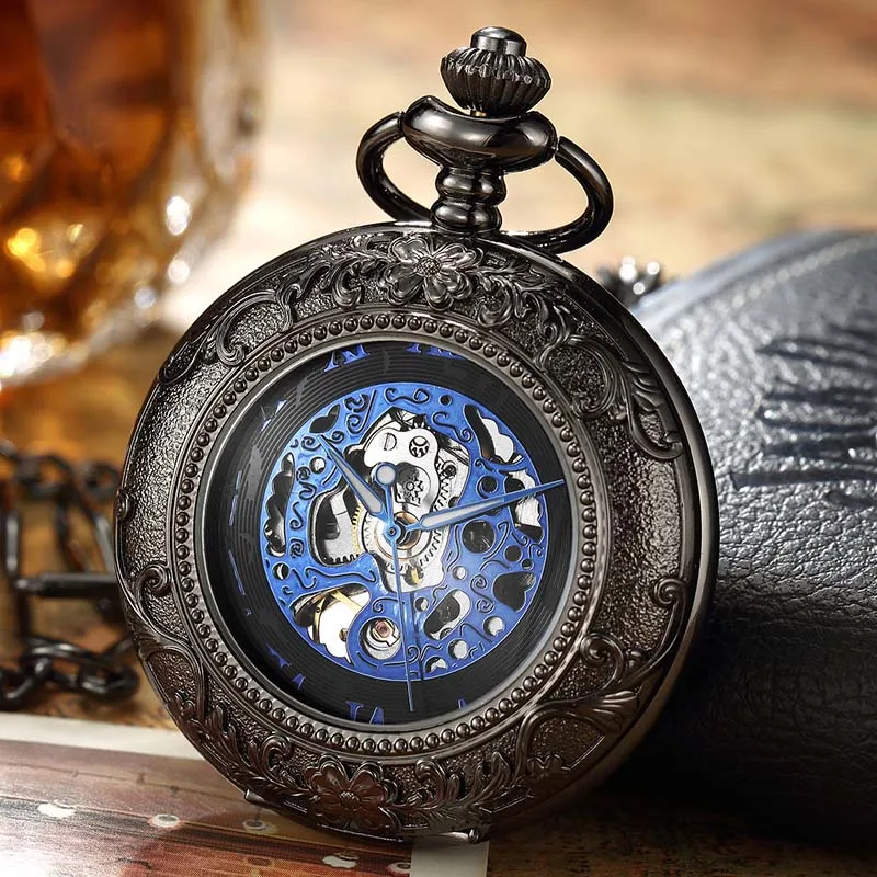 black blue watch Ретро стимпанк Механические карманные часы Бронзовый цветок Лазерная гравированный брелок цепь коробка посылка для мужчин и женщин флип часы Скелет часы - Цвет: black blue watch