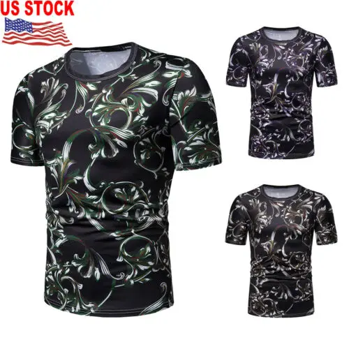 Мужская облегающая футболка с цветочным принтом летняя повседневная короткими