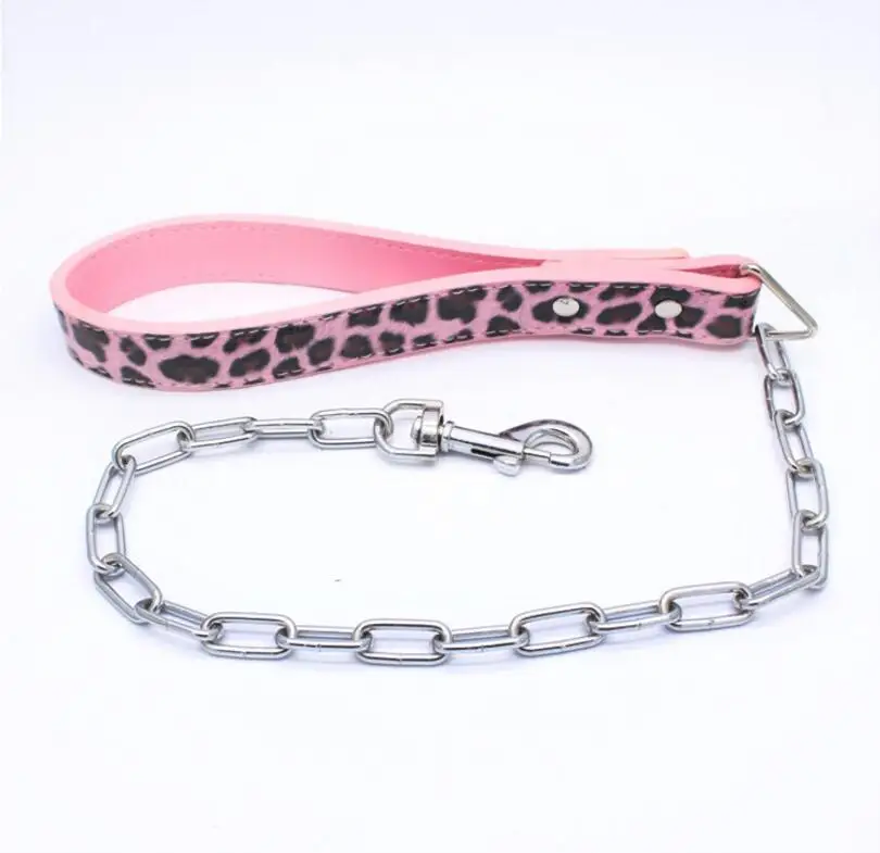 Pink Leopard Высокое качество, крепкий поводок для собак, большой и Средний Поводок из полиуретана, короткий поводок для питомцев, железная цепь, поводок-цепочка, однотонный животный узор - Цвет: Pink Leopard