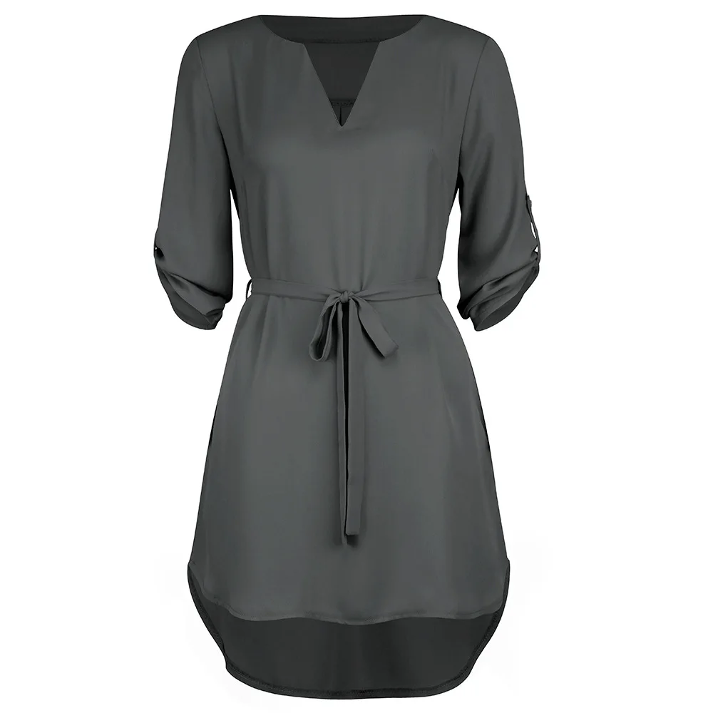 grey dress Шифон Повседневное Сарафан V образный вырез Женщина Платья Карман Свободный Модное Пляж Простой Завязанный Дешевый Платья Милый Повседневный Леди Короткий Рукав Шик Черный Хипстер Особенный Платье Мини - Цвет: grey dress