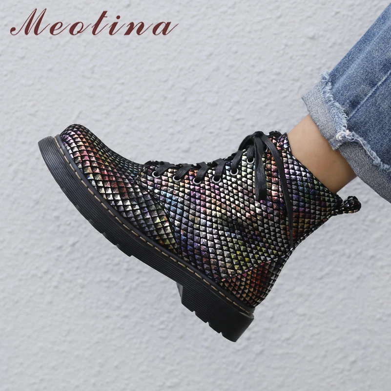 Meotina Winter Motorcycle Boots Women Natural Genuine Leather Flat Ankle Boots Sheepskin Round Toe Short Shoes Lady Fall Size 39