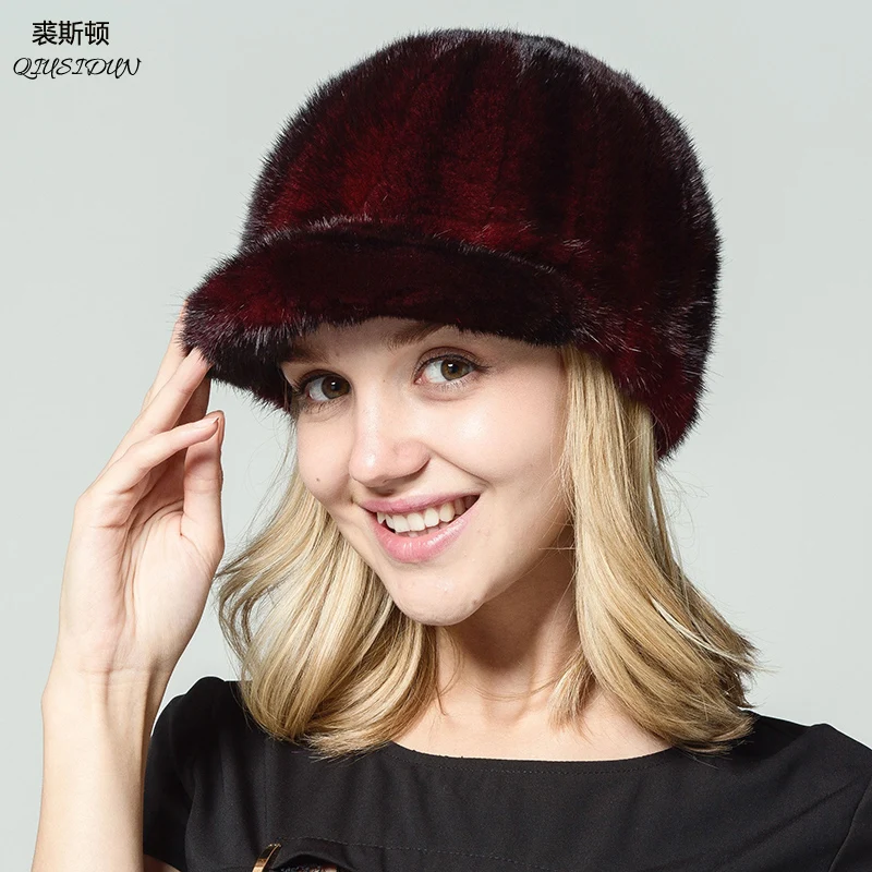 

Real mink Hat Women natural ermine 2017 new high-quality Female Lady Winter Hat Cap peaked cap russian fur hats for women