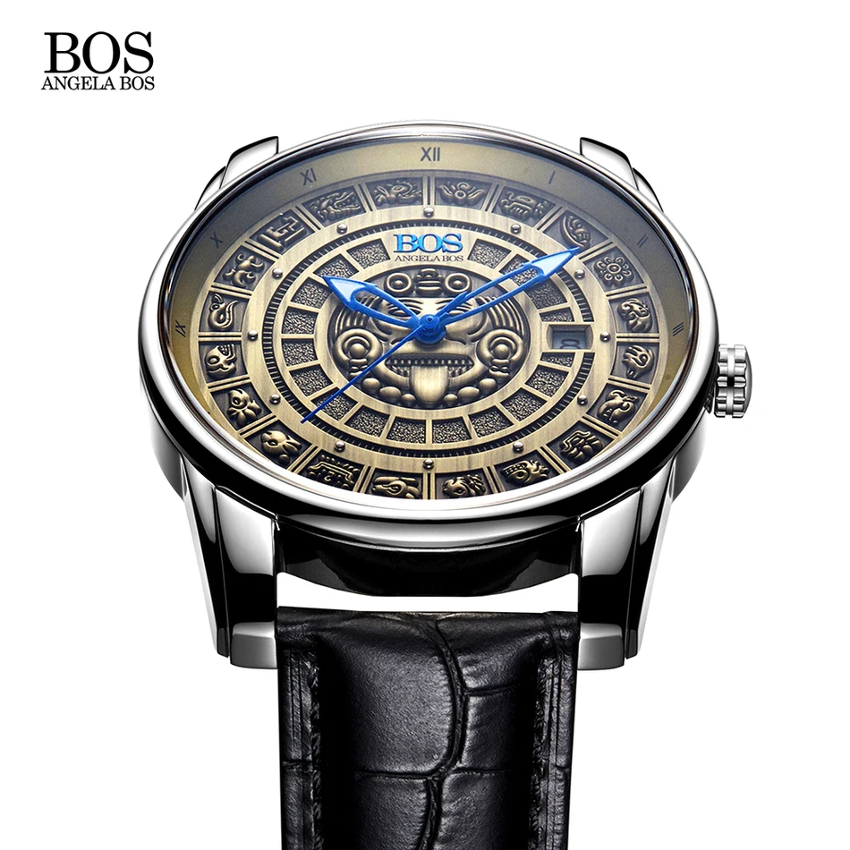 Анжела BOS световой Роскошные Для мужчин часы Ретро стереоскопического Майя