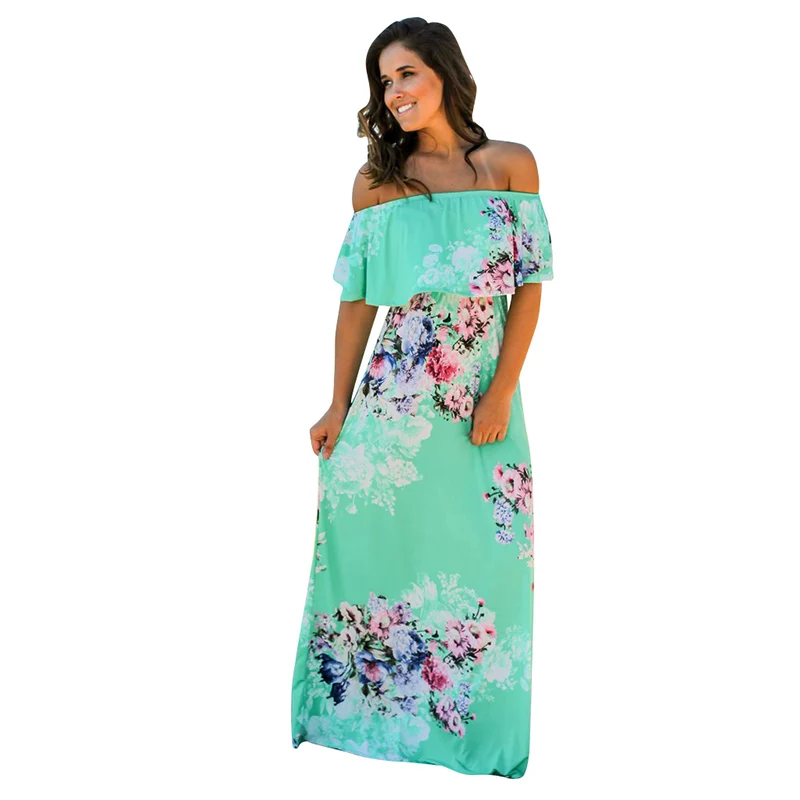 Летние платья 2019 Boho стиль с открытыми плечами без бретелек коротким рукавом