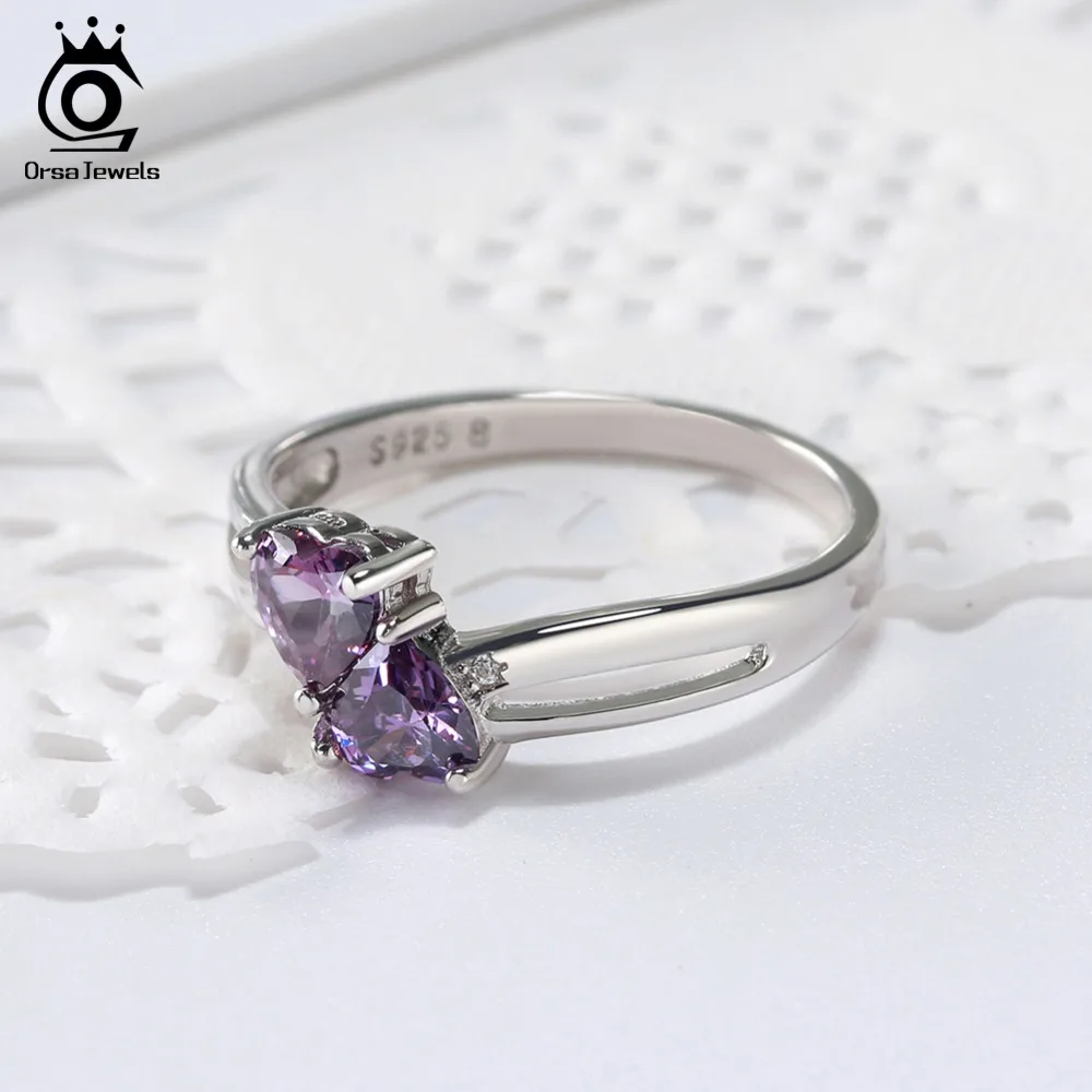 ORSA JEWELS, 925 пробы, серебряные женские кольца, милое Двойное сердце, дизайн AAA, фиолетовый кубический циркон, модное ювелирное изделие, кольцо SR58-P