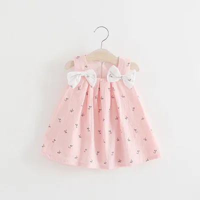 -W18-Pink- Платье для малышей; коллекция года; летнее однотонное платье без рукавов с открытыми плечами, бантом, цветочным принтом, вышивкой в виде фруктов; газовое мини-платье выше колена - Цвет: -W18-Pink-