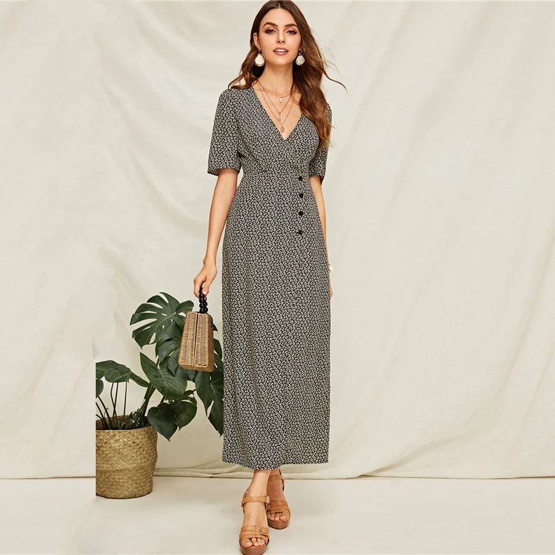 Sheinside Boho Цветочный принт с v-образным вырезом обёрточная юбка женское летнее платье на пуговицах ТРАПЕЦИЕВИДНОЕ ПЛАТЬЕ женское платье с высокой талией