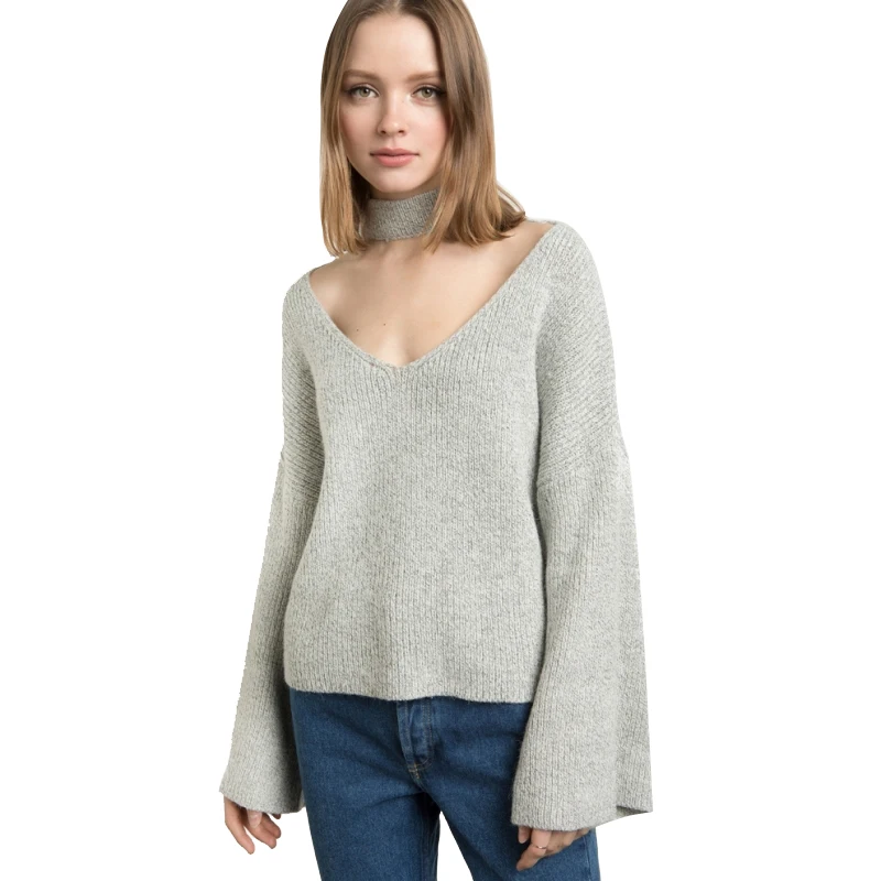 HDY Haoduoyi Gray V Neck Choker Female Pullover Casual Autumn Flare Sleeve Women Sweaters Vintage Sexy Basic Sweater | Женская одежда