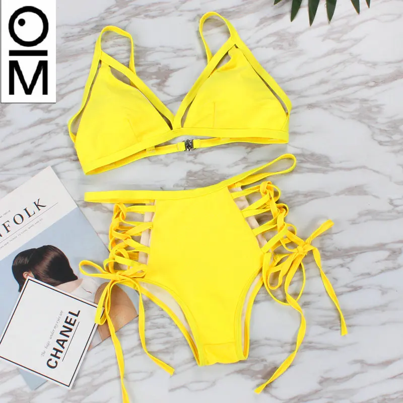 

OM Sexy Bandage Bikini Women Push Up Swimwear High Waist Solid Swimsuit bathing suit women Maillot De Bain