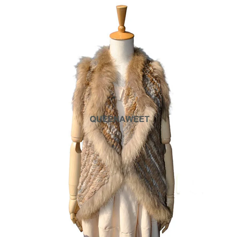 

New Real Fashion Knitted Rabbit Fur Vest Gilet with Raccoon Fur Collar Women