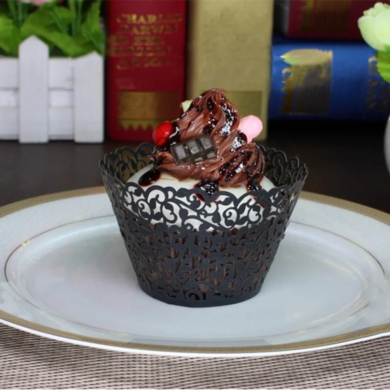 24 шт. черная обертка для кексов Маленькая кружевная лоза лайнер выпечки чашки