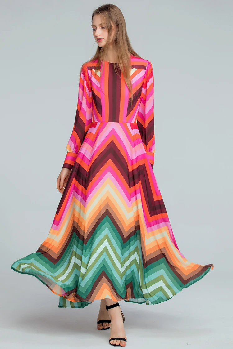 AELESEEN Boho платья Модное Новое подиумное Элегантное летнее длинное платье с длинным рукавом и геометрическим принтом контрастных цветов радуги