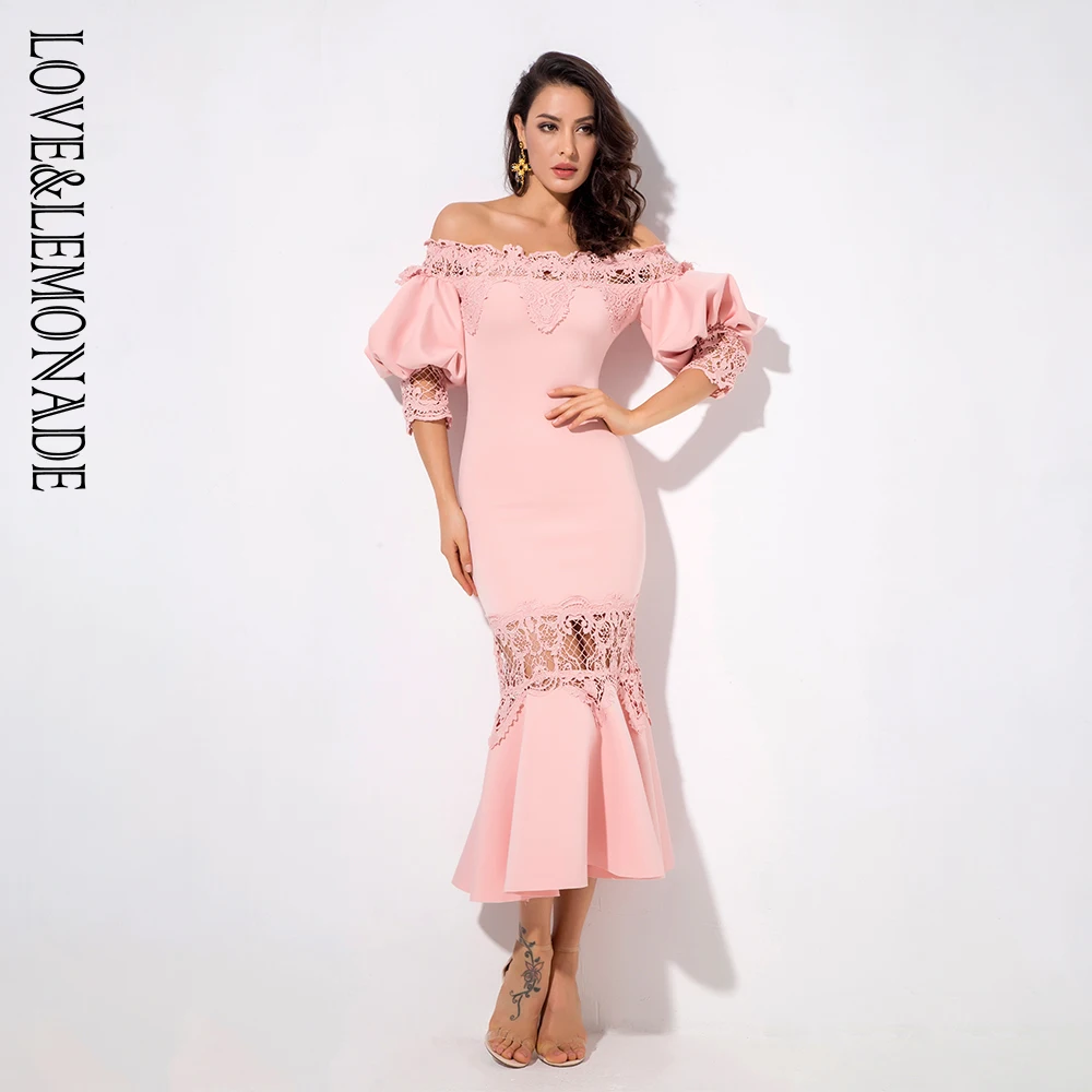 Женское вечернее платье LOVE & LEMONADE розовое кружевное с открытыми плечами и