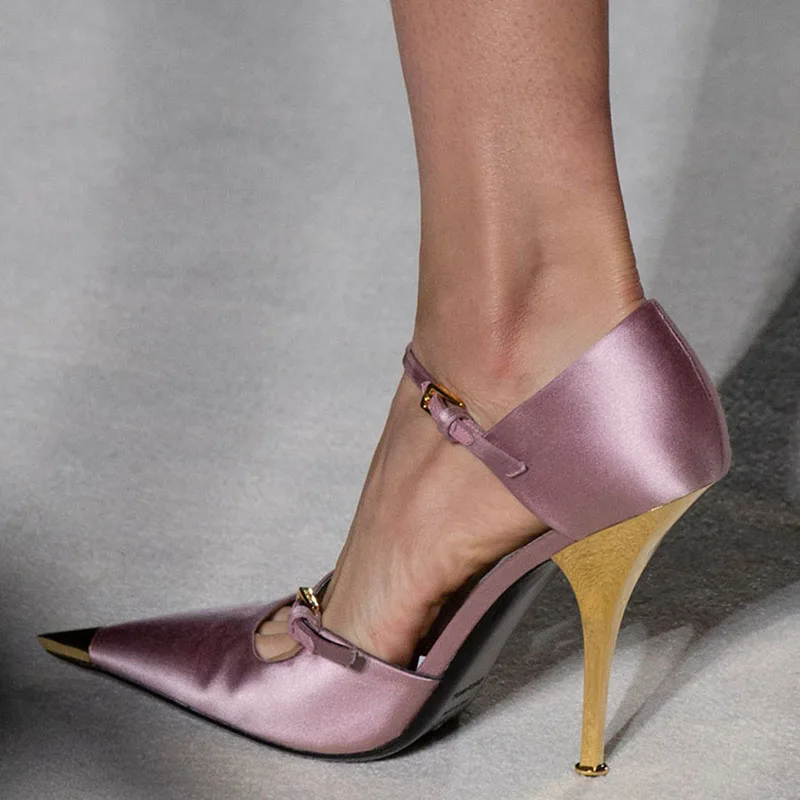 Роскошная шелковая обувь на высоком каблуке золотого и металлического цвета