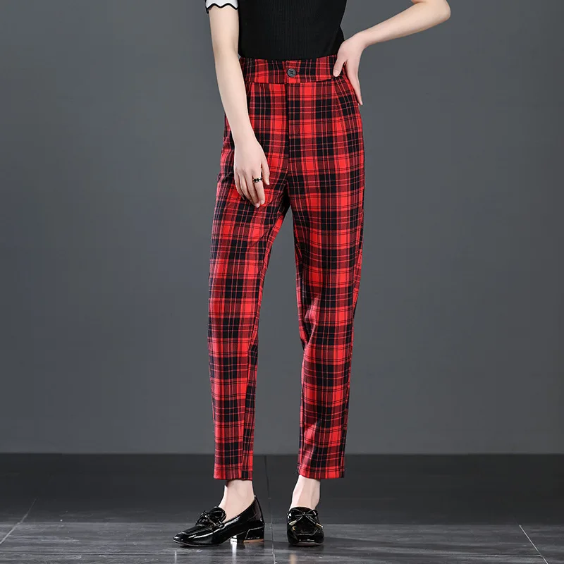 Black red grid Новые женские брюки с высокой талией, повседневные, длина по щиколотку, тонкие, в клетку, с рисунком морковки, девять точек, облегающие, красные, белые - Цвет: Black red grid
