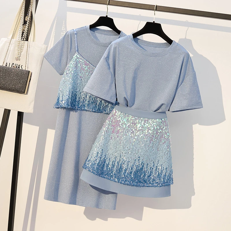 Женская одежда размера плюс комплект из 2 предметов футболка с блестками и юбка