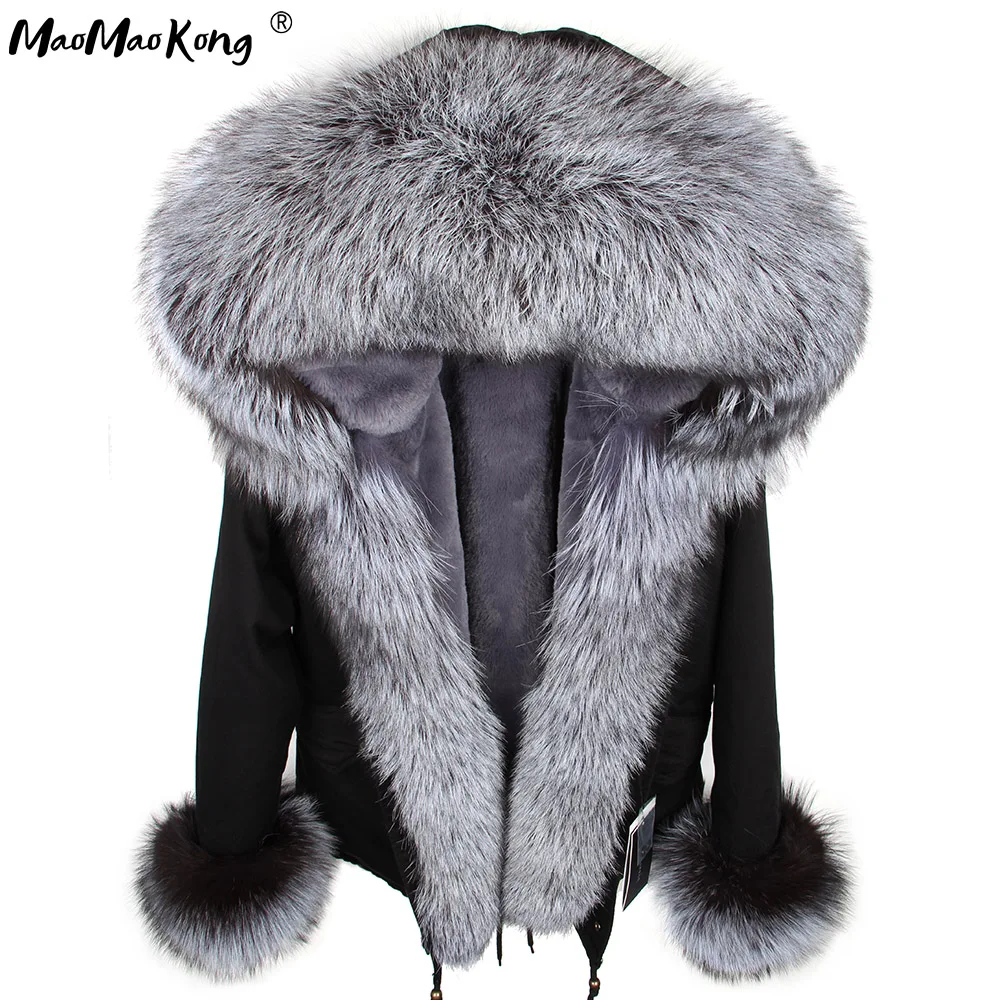 maomaokong Winter Real Raccoon Fur Collar Parkas Faux Fur lining Short women fur Coat Jacket