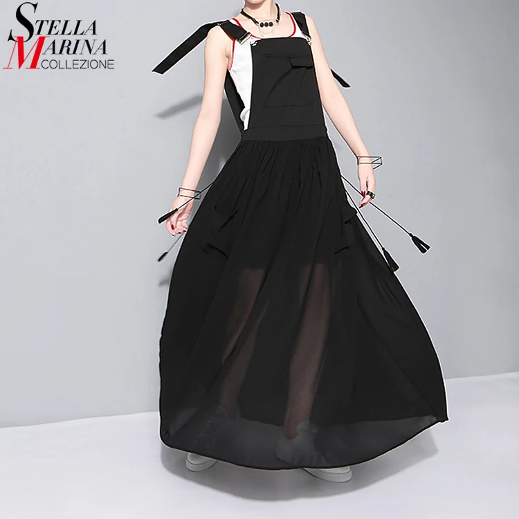 Новинка 2018 г. летнее женское длинное черное платье без рукавов с регулируемыми