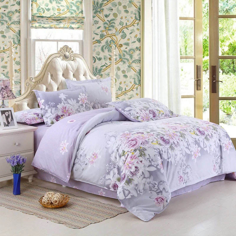 

Bedding Set Purple Flowers Bed Sheet Reactive Printing Bed Linen Cotton Bedding Comforter Cover Twin/Full /Queen Size 22-1