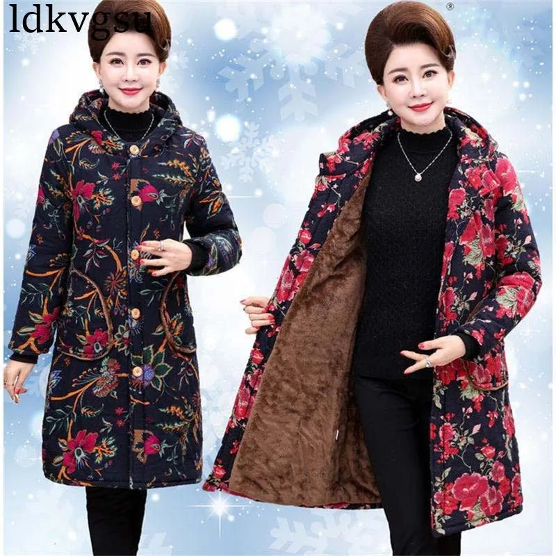 6XL 2020 зимняя женская хлопковая куртка с принтом для женщин среднего возраста плюс