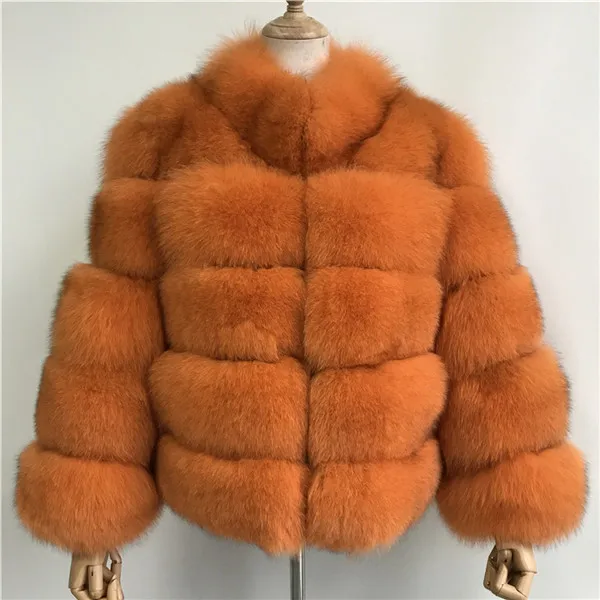 Orange Женское пальто из натурального меха, толстая теплая Женская куртка из натурального Лисьего меха, верхняя одежда, модная зимняя шуба из натурального Лисьего меха со стоячим воротником для женщин - Цвет: Orange